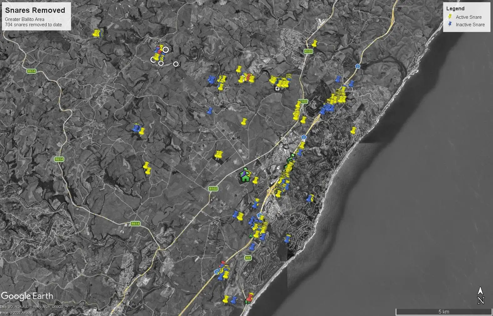 Satellite overview map of Greater Ballito showing 704 removed snares marked across greenbelts and coastal corridors