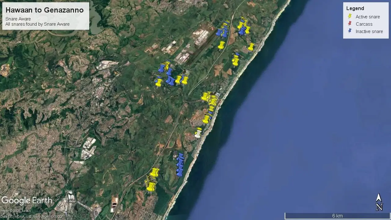 Satellite map of coastal reserve corridor between Hawaan and Genazanno with snare pins marked