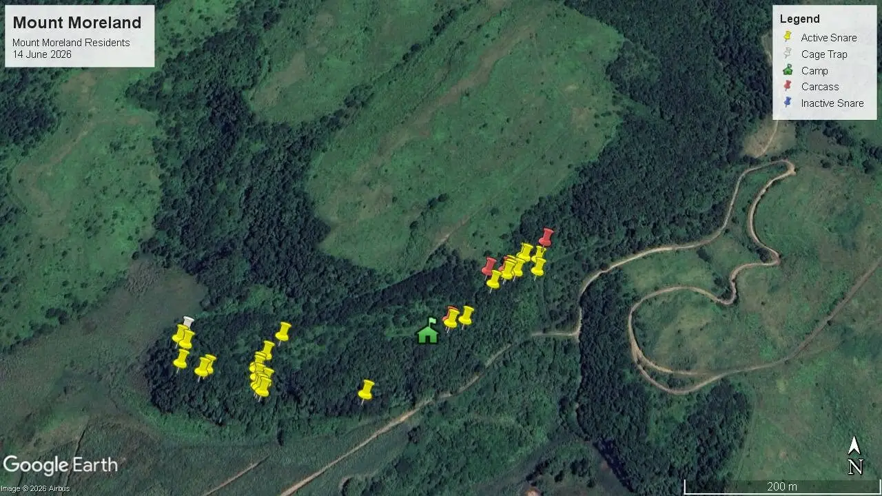 Satellite map of Mount Moreland showing snares and poacher camp detected near residential boundary