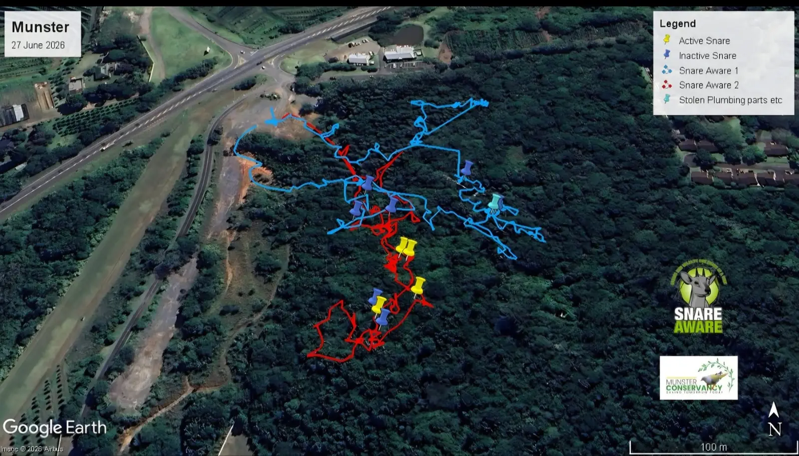 Satellite map of Munster Conservancy showing GPS sweep tracks and active and inactive snare locations