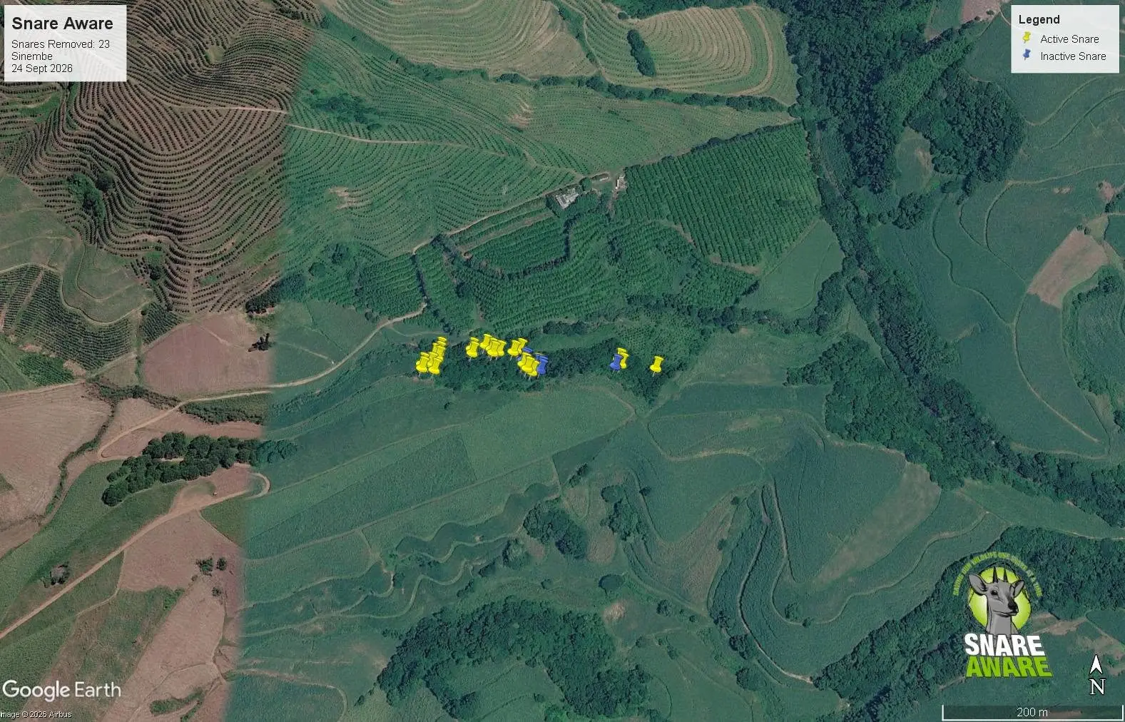 Satellite map of greenbelt boundary in Sinembe with pins marking 23 removed snares